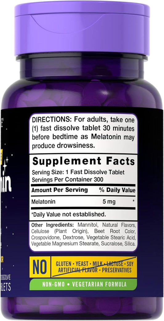 Carlyle Melatonin 5 Mg Fast Dissolve 300 Tablets | Berry Flavor | Vegetarian, Non-Gmo Supplement