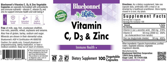 Bluebonnet Nutrition Vitamin C, D3 & Zinc, For Immune Health And Respiratory Function*, Soy-Free, Gluten-Free, Non-Gmo, Kosher Certified, Dairy-Free, 100 Vegetable Capsules, 100 Servings