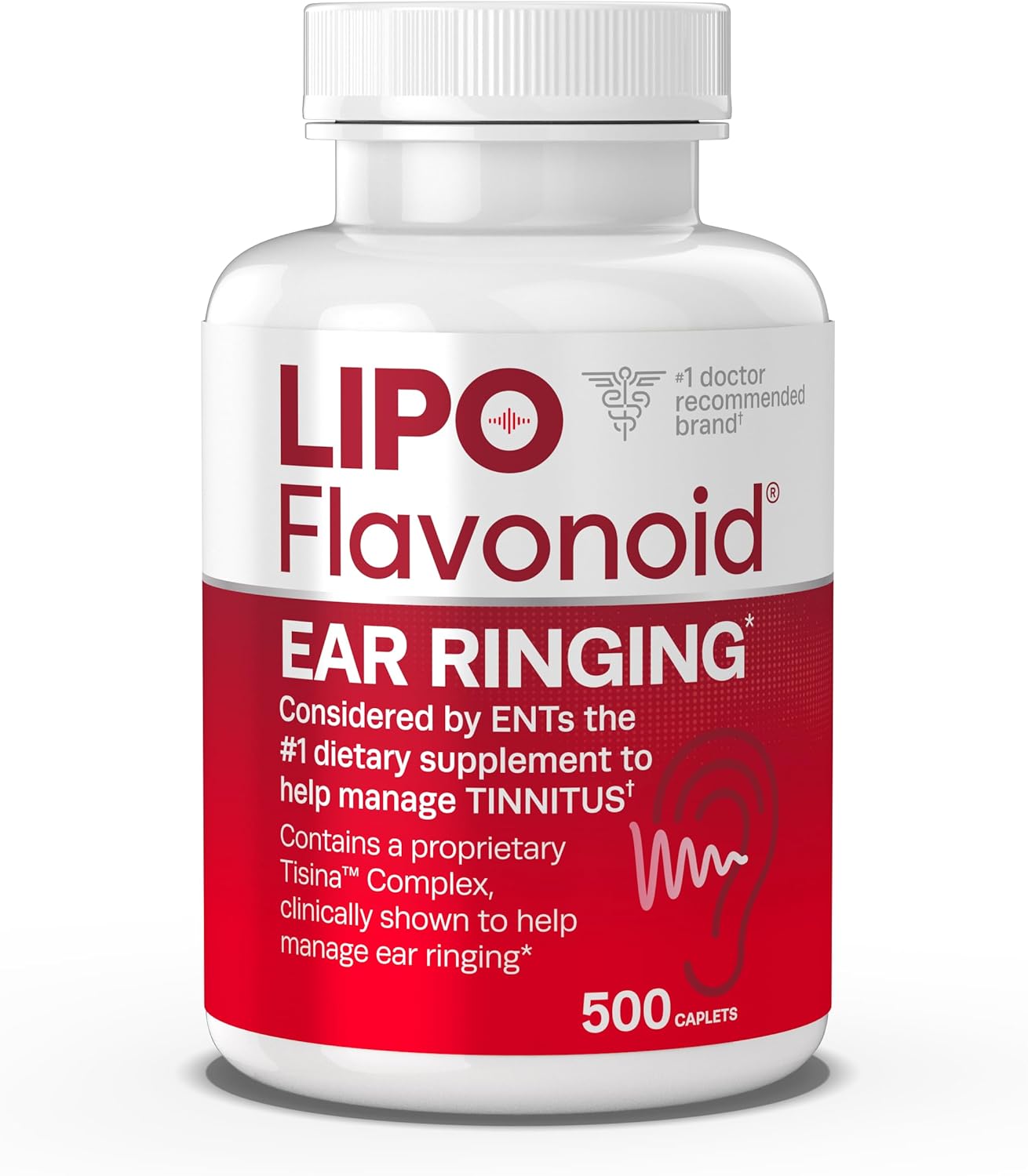 Lipo-Flavonoid Plus,Tinnitus Relief For Ringing Ears, Otc Flavonoid Ear Health Vitamins, Vitamin C, Clinically Proven Formula, Doctor Recommended, 500 Caplets