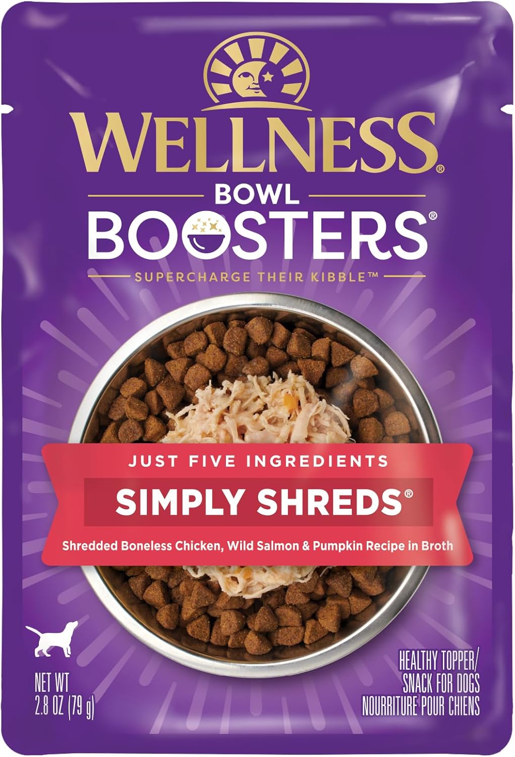 Wellness Bowl Boosters Simply Shreds Natural Grain Free Wet Dog Food Mixer Or Topper, Wild Salmon & Pumpkin , 2.8-Ounce Pouch (Pack Of 12)