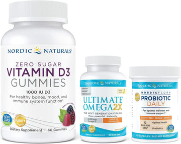 Nordic Naturals Adult Immune Starter Pack - Ultimate Omega 2X, Nordic Flora Probiotic Daily, Zero Sugar Vitamin D3 Gummies