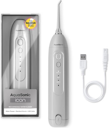 Aquasonic Icon Water Flosser For Teeth – Cordless Rechargeable Oral Irrigator – Waterproof, Portable Dental Cleaning With Jet Tip – Braces Home Travel - Stone