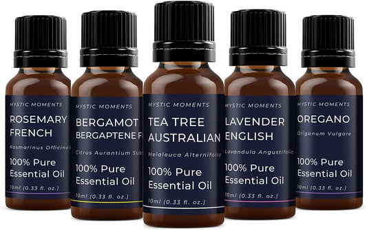 Mystic Moments | Clear Skin Essential Oil Gift Starter Pack 5X10Ml | Bergamot Bergaptene Free, Lavender English, Oregano, Rosemary French And Tea Tree Australian | Perfect As A Gift