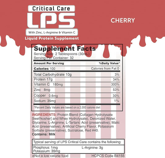 Nutritional Designs Lps Liquid Collagen & Whey Protein Supplement - Sugar-Free Non-Gmo Drink - Promotes Healthy Skin & Hair For Men & Women (Cherry, Critical Care)