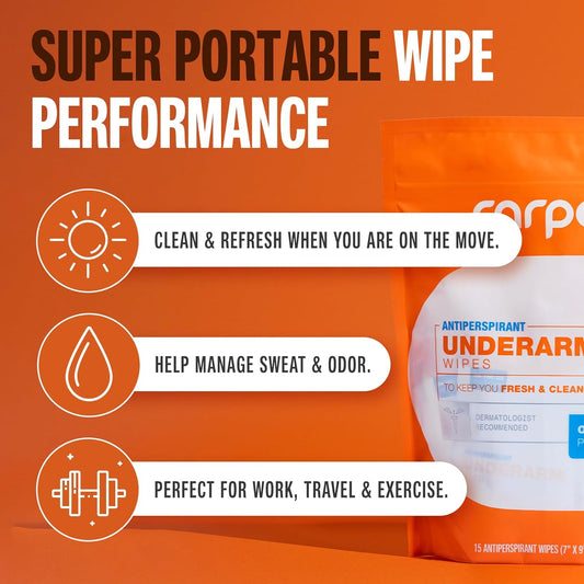 Carpe Antiperspirant Underarm Wipes for Sweat Blocking, Deodorizing, and Cleansing When You’re On the Move - 15 Residue Free, Individually Wrapped Wipes - Clean and Refreshing Scent