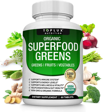 Organic Super Greens Capsules Superfood Fruit Veggie Supplement - 28 Powerful Natural Ingredients with Alfalfa, Beet Root, Tart Cherry & Ginger for Immune & Energy Support, for Men Women, 60 Tablets