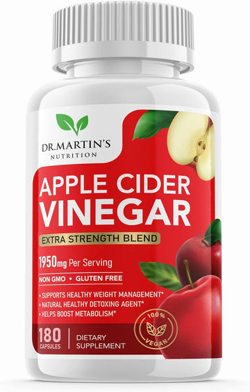 Pure 1950mg Apple Cider Vinegar Supplement | 180 Capsules | No Sour Taste | Pills for Healthy Metabolism, Bloating & Energy | Detox & Digestion Support| Non-GMO, Gluten Free | 100% Natural & Raw