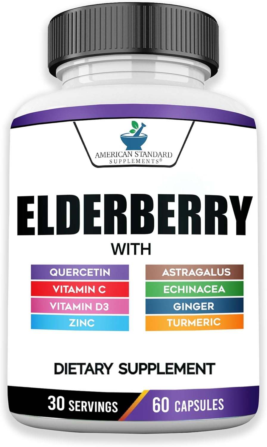 American Standard Supplements Elderberry Extract With Quercetin, Vitamin C, D3, Ginger, Zinc, Turmeric & Echinacea – Immune Support Supplement – – 60 Capsules