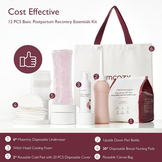 Momcozy Postpartum Recovery Essentials Kit, Labor Delivery Mom Care Kit, Self-Absorbent Disposable Underwear Nipple Nursing Pads Upside Down Peri Bottle Cold Pads Cooling Foam Canvas Bag Set