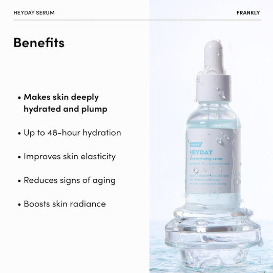 Frankly Heyday Serum - Deep Moisture & Radiance Boost With 1.125% Panthenol & Hyaluronic Acid | Vegan, Dermatologically-Tested | Anti-Aging & Firming For Dry, Sensitive Skin, 1.01 Fl. Oz