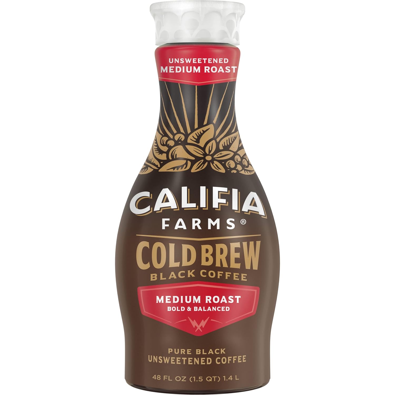 Califia Farms - Pure Black Medium Roast Cold Brew Coffee, 48 Oz, 100% Arabica, Plant Based, Vegan, Gluten Free, Non Gmo, Sugar Free, Iced Coffee