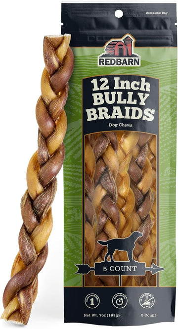 Redbarn All-Natural 12" Braided Bully Sticks For Dogs - Premium Slow Roasted Long Lasting Chew Treats Made With 100% Beef - Single Ingredient Low Odor Rawhide Free - 5 Count - Packaging May Vary