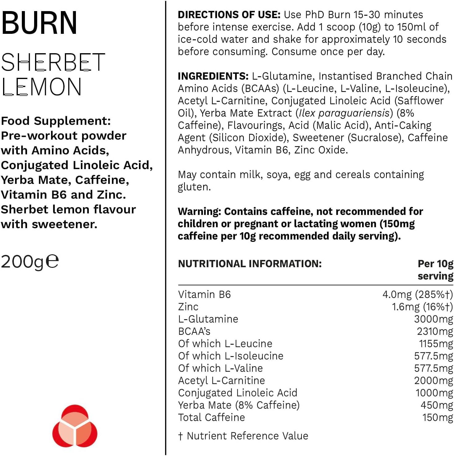 PhD Burn Pre Workout Powder with L Carnitine for Women and Men, Rich in CLA, High Caffeine for pre-Workout, Sherbert Lemon Flavour, 20 Servings (200g) : Amazon.co.uk: Health & Personal Care