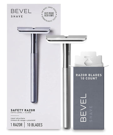 Bevel Safety Razor with Brass Weighted Handle and 10 Double Edge Safety Blade Refills, Single Blade Razor for Men, Designed for Coarse Hair to Prevent Razor Bumps - Silver (Packaging May Vary)