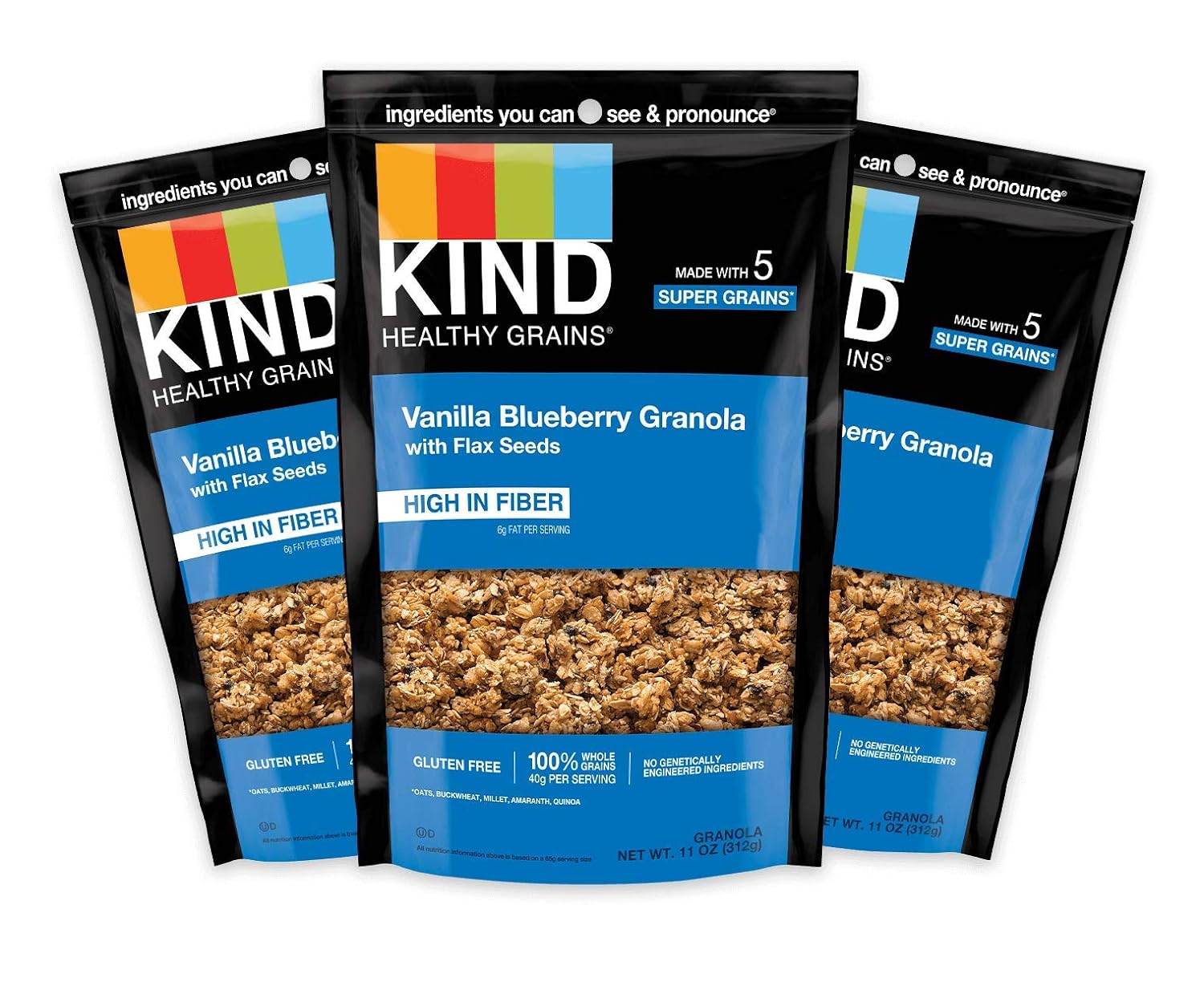 Kind Healthy Grains Granola, Healthy Snack, Vanilla Blueberry Granola With Flax Seeds, Snack Mix, 3 Count, 33 Oz Total