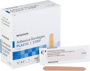 McKesson Adhesive Bandages, Sterile Plastic Strip Rectangle, Tan, 3/4 in x 3 in, 100 Count, 1 Pack