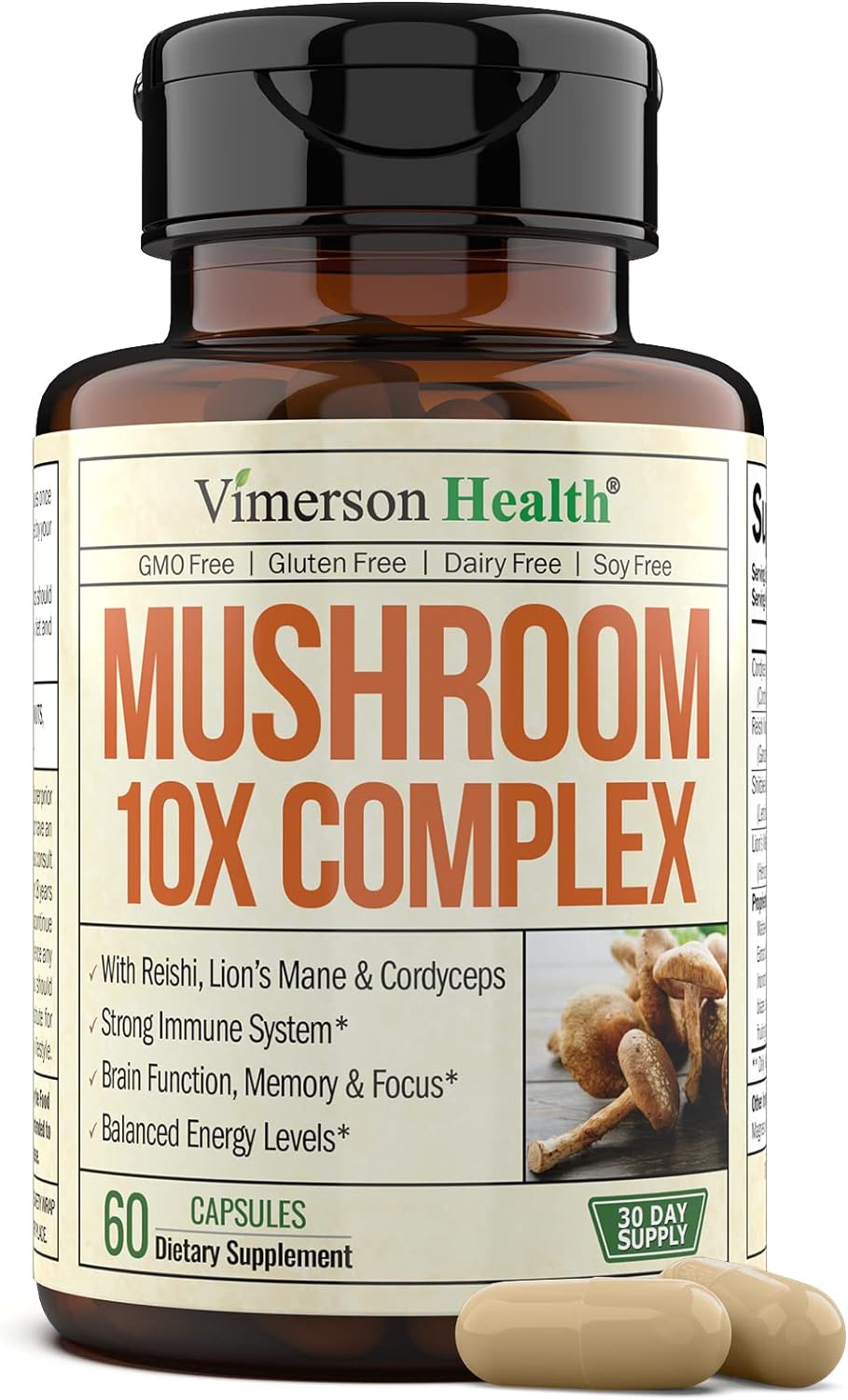 10-in-1 Mushroom Supplement with Lions Mane, Turkey Tail, Cordyceps, Chaga, Reishi & More - Nootropic Brain Supplements for Memory & Focus. 10 Mushroom Complex Supports Immune System & Energy. 60 Caps