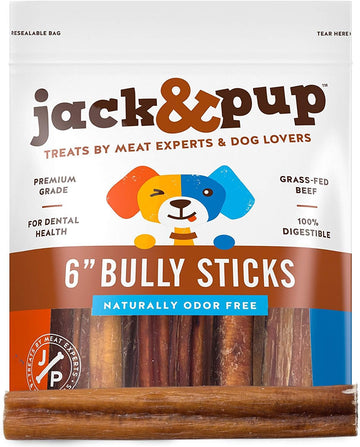 Jack&Pup 6" Thick Bully Sticks for Medium Dogs, Dog Bully Sticks for Small Dogs, Bully Sticks for Puppies Natural Bully Sticks Odor Free Long Lasting Dog Chews (6 Inch Bully Sticks - Thick (20 Pack))