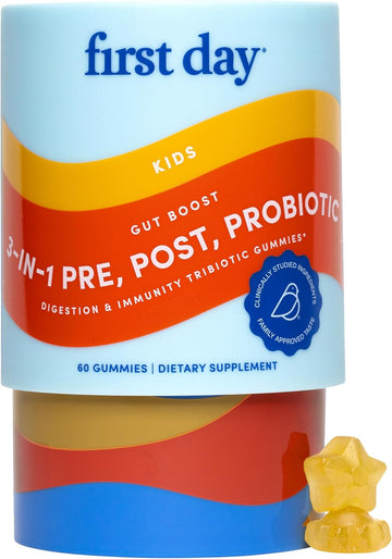 First Day Kids Probiotic Gummies - 3 In 1 Probiotics For Kids + Prebiotic & Postbiotic - Prebiotics & Probiotics For Digestive Health & Immune Support – Vegan, Gluten Free, 60-Day Supply
