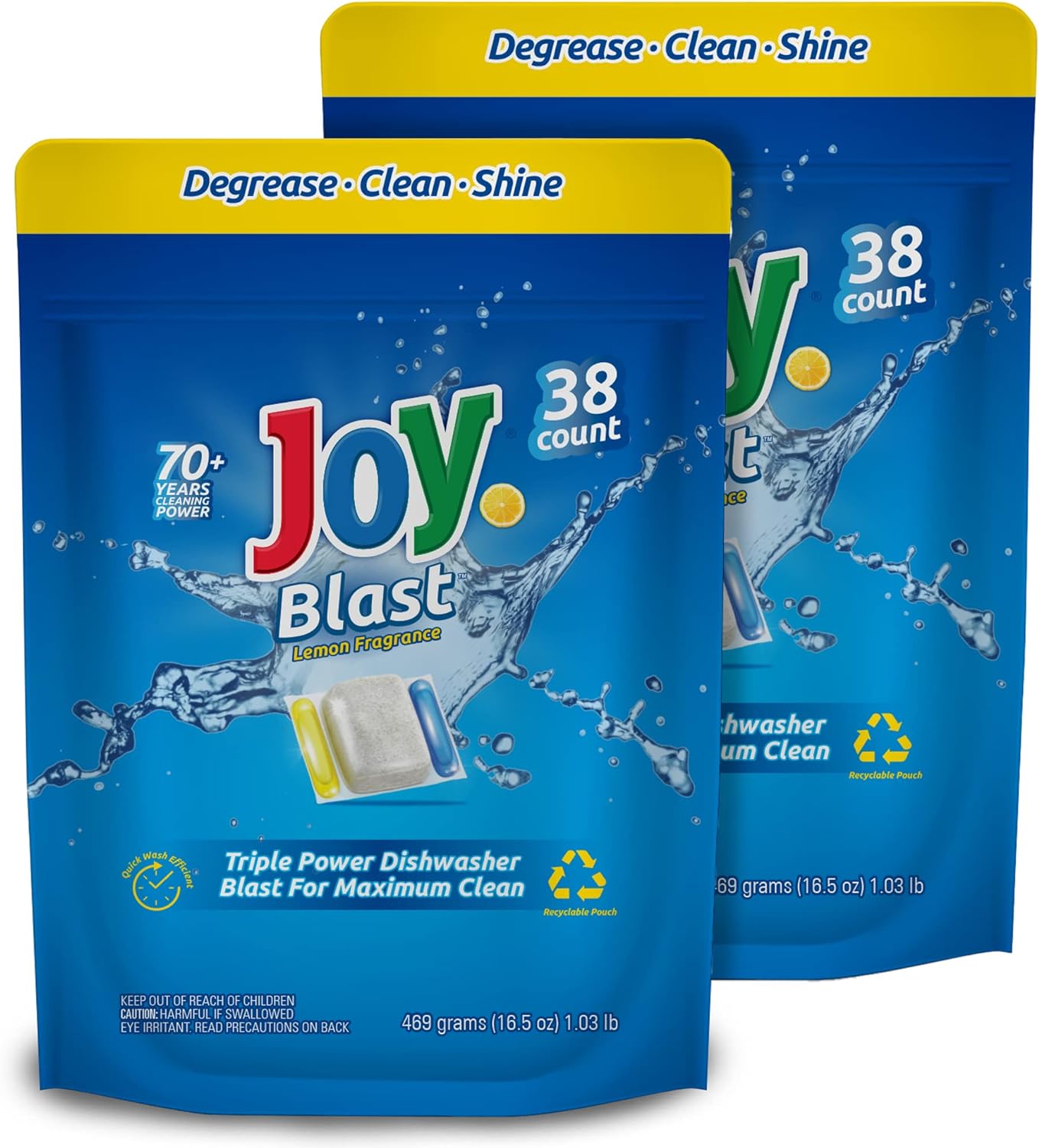 Joy Blast Platinum Dishwasher Pods - Dishwasher Detergent - Dishwasher Pod With Recyclable Pouch - Lemon Fresh Scent, 38-Count (Pack of 2 = 76 Pods)