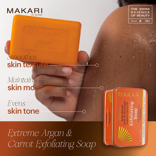 Makari Extreme Active Intense Argan & Carrot Oil Exfoliating Soap (7Oz) | Advanced Brightening Bar Soap | With Apricot Seed Extract And Vitamins C & E | Helps Reveal Natural Skin Radiance