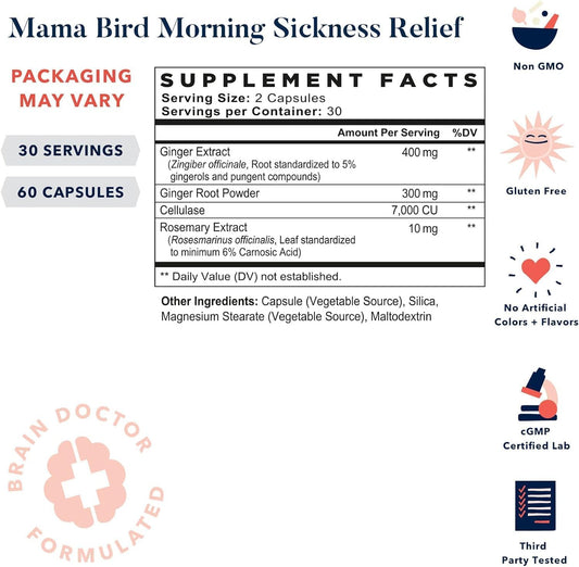 Best Nest Wellness Mama Bird Morning Sickness Relief Supplement, Nausea Relief For Pregnant Women With Full Spectrum Ginger For Dizziness + Motion Sickness, Pregnancy Morning Sickness Relief, 60 Ct