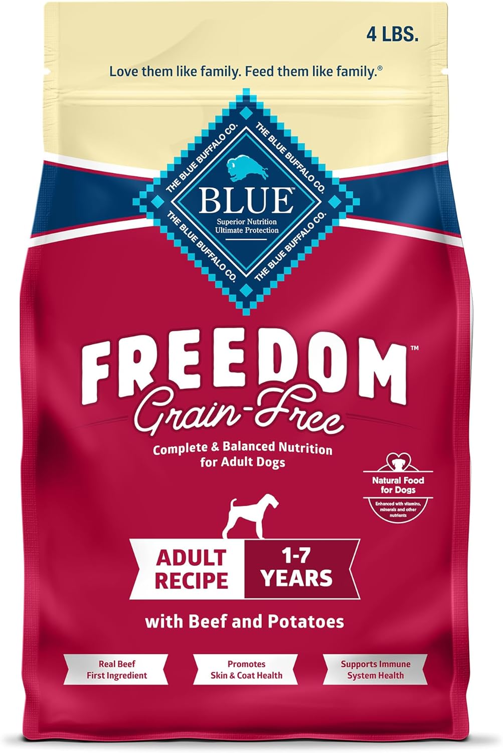 Blue Buffalo Freedom Grain-Free Dry Dog Food, Complete & Balanced Nutrition For Adult Dogs, Made In The Usa With Natural Ingredients, Beef & Potatoes, 4-Lb. Bag