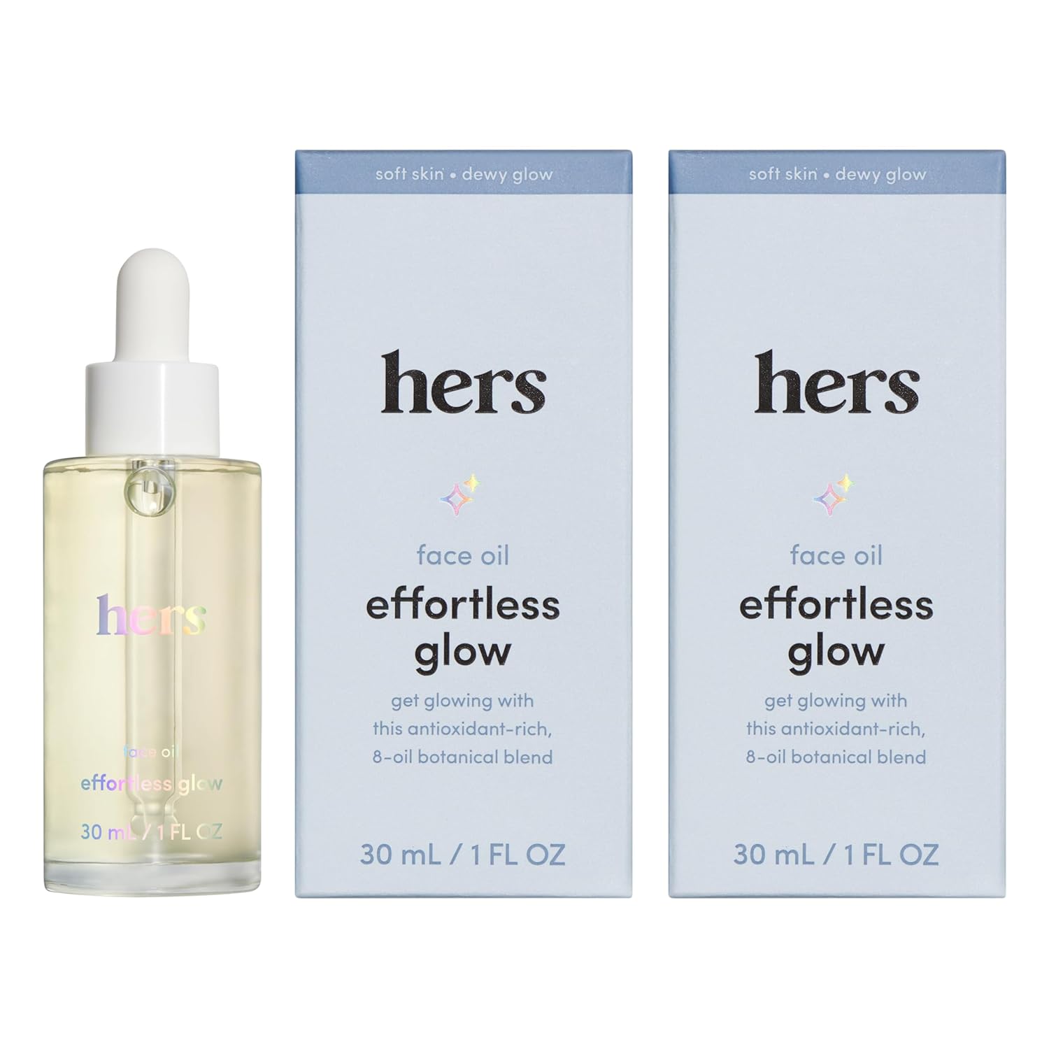 Hers Effortless Glow Face Oil - Anti Aging Facial Oil For Glowing Skin - Softens, Hydrates, Smoothes Wrinkles - Contains Jojoba Oil, Tea Tree Oil, Rosehip - 2 Pack