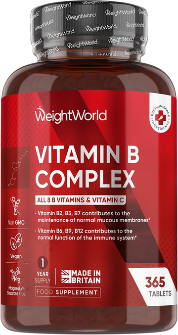 Vitamin B Complex Supplement - 365 Tablets - 1 Year Supply - With All 8 B Vitamins & C - 1 Tablet-A-Day - Non-Gmo, Gluten-Free & Vegan-Friendly - For Men & Women