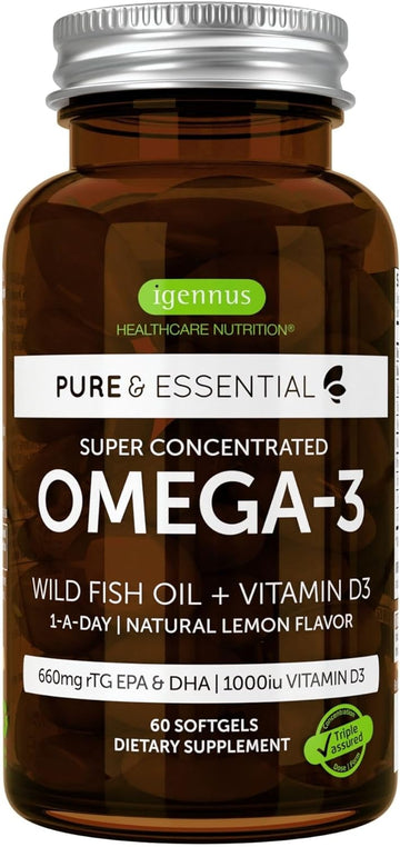 Pure & Essential Omega-3 & D3 1000iu, Fast-Acting rTG, Support Eyes, H