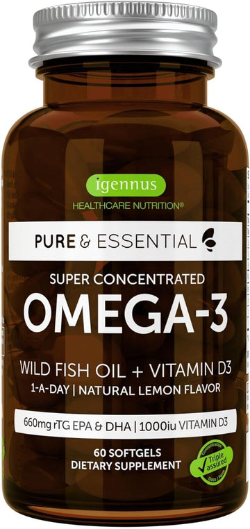 Igennus Advanced Rtg Omega-3 Ifos Certified Wild Fish Oil & Vitamin D3, 1-A-Day, Fatty Acids Epa & Dha, Fast-Acting Triglyceride Form, Ultra Pure & Non-Gmo, 360 Softgels