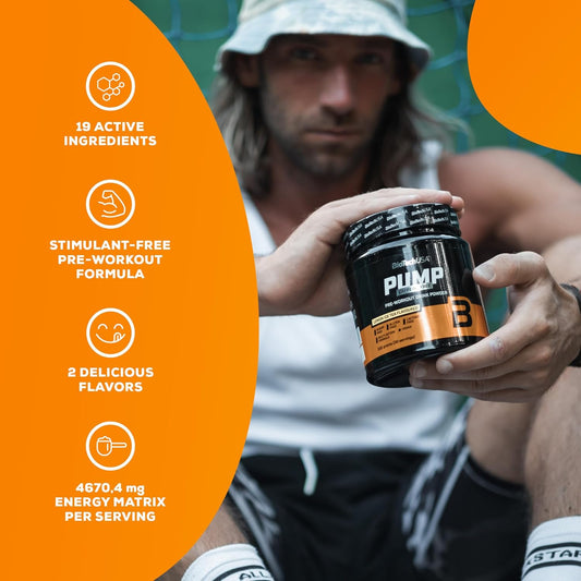 Biotechusa Pump Caffeine Free | Energy, Focus & Immune Support | 19 Active Ingredients | Pre-Workout Drink Powder, 330 G, Lemon Ice Tea