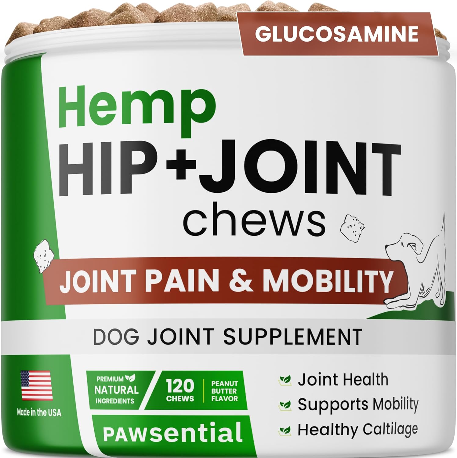 Advanced Hemp Chews for Dogs Hip Joint Pain Relief - Glucosamine for Dog Hip & Joint Supplement Large Breed - Hemp Treats Joint Health - Chondroitin Hemp Oil Pills - Senior - Peanut Butter