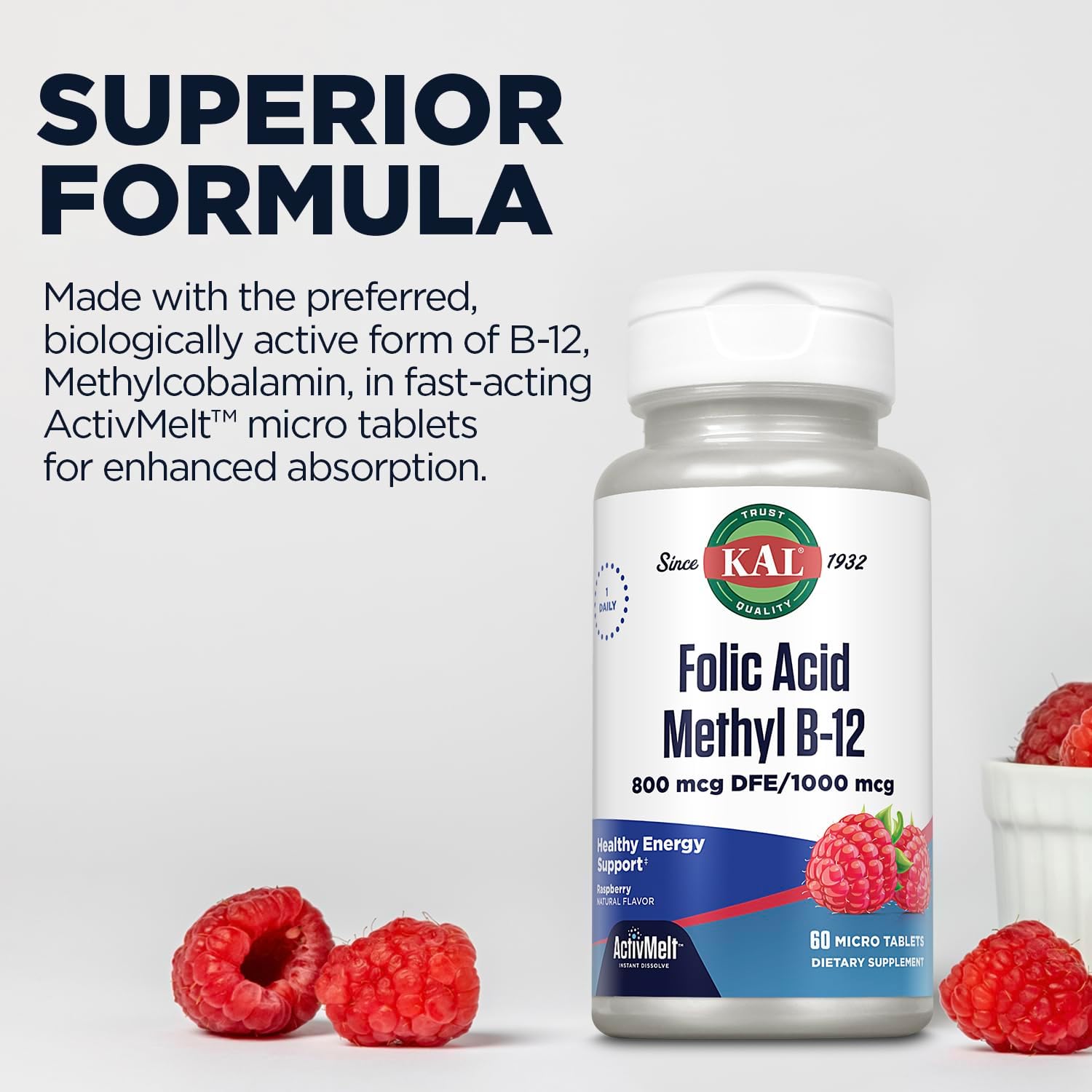 Kal 800 Mcg Folic Acid Methyl B-12 Tablets, Raspberry, 60 Count : Health & Household