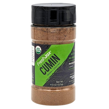 FreshJax Organic Ground Cumin Powder (4.0 oz Large Bottle) Non GMO, Gluten Free, Keto, Paleo, No Preservatives Certified Organic Cumin Seeds Powder | Handcrafted in Jacksonville, Florida