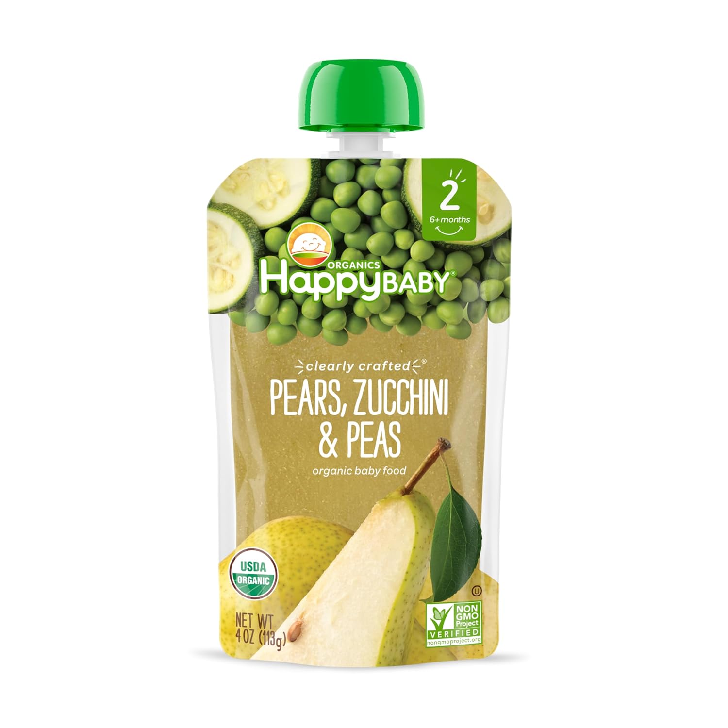 Happy Baby Organics Stage 2 Baby Food Pouches, Gluten Free, Vegan & Healthy Snack, Clearly Crafted Fruit & Veggie Puree, Pears, Zucchini & Peas, 4 Ounces (Pack of 16) : Everything Else