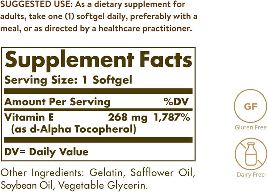 Solgar Vitamin E 268 Mg (400 Iu), 360 Alpha Softgels - Natural Antioxidant, Skin & Immune System Support - Naturally-Sourced Vitamin E - Gluten Free, Dairy Free - 360 Servings