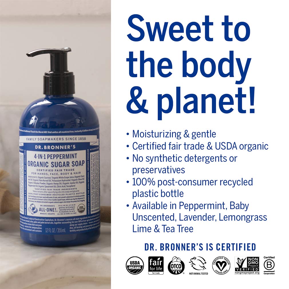 Dr. Bronner's - Organic Sugar Soap (Peppermint, 12 oz) - Made with Organic Oils, Sugar & Shikakai Powder, 4-in-1 Uses: Hands, Body, Face & Hair, Cleanses, Moisturizes & Nourishes, Vegan, Non-GMO : Hand Washes : Beauty & Personal Care