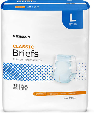 Mckesson Classic Briefs, Incontinence, Light Absorbency, Large, 18 Count, 4 Packs, 72 Total