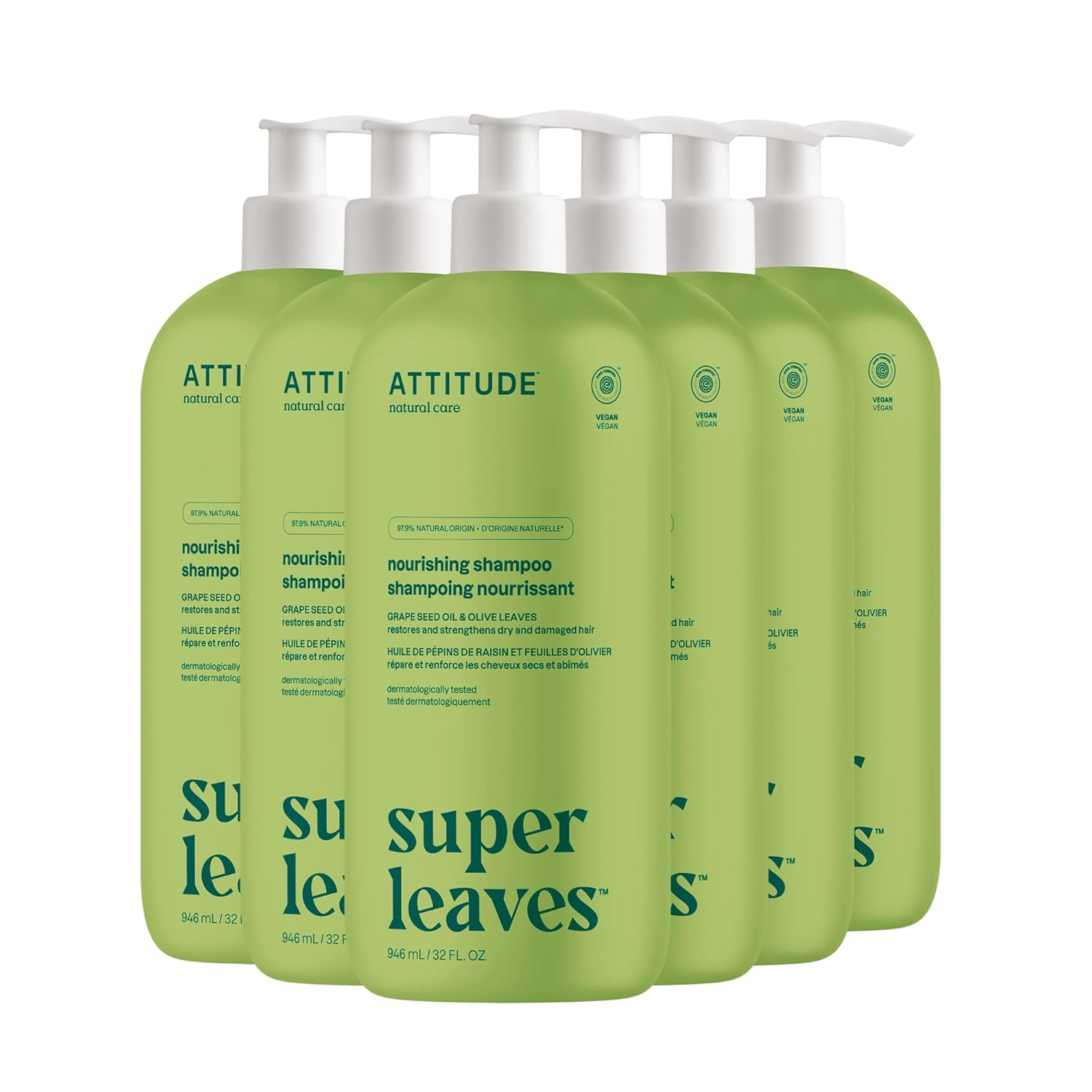 Attitude Nourishing Hair Shampoo, Ewg Verified, For Dry And Damaged Hair, Naturally Derived Ingredients, Vegan And Plant Based, Grapeseed Oil And Olive Leaves, 32 Fl Oz (Pack Of 6)