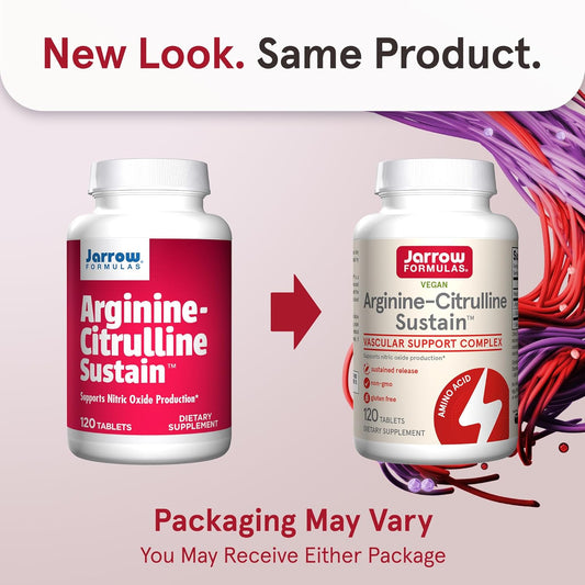 Jarrow Formulas® Arginine-Citrulline Sustain™, Dietary Supplement, Vascular Support Complex For Nitric Oxide Production And Cardiovascular Health, 120 Tablets, 60 Day Supply