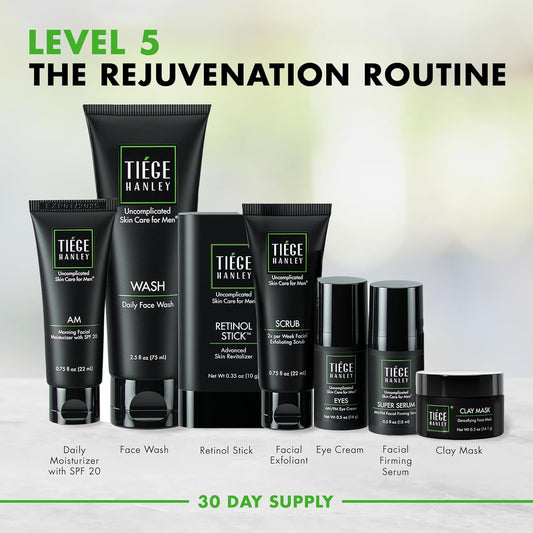 Tiege Hanley Mens Skin Care Set, Rejuvenation Skin Care Routine For Men (System Level 5) - Men'S Skincare Set Face Wash, Scrub, Moisturizer, Eye Cream, Serum, Clay Mask, Retinol Stick & Pm Moisturizer