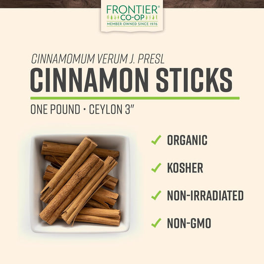 Frontier Co-op Organic 3" Ceylon Cinnamon Sticks, 1lb - Bulk Cinnamon Sticks for Crafts, Drinks, Holiday Recipes, Cinnamon Powder and More
