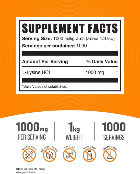 BulkSupplements.com L-Lysine Powder - as L-Lysine HCl, Lysine Supplement, L-Lysine 1000mg - for Immune Support - Gluten Free, 1000mg per Serving, 1kg (2.2 lbs) (Pack of 1)