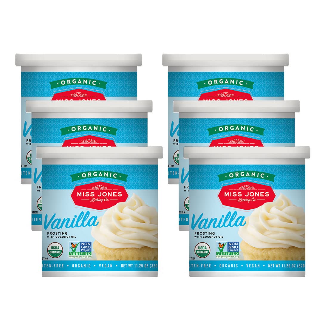 Miss Jones Baking Organic Buttercream Frosting, Perfect for Icing and Decorating, Vegan-Friendly: Vanilla (Pack of 6)