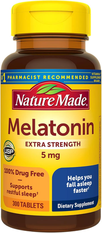 Nature Made Melatonin 5Mg Extra Strength Tablets, 100% Drug Free Sleep Aid For Adults, 300 Tablets, 300 Day Supply