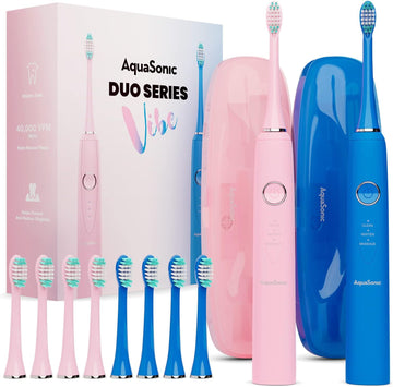 Aquasonic Vibe Duo - Dual Handle Ultra Whitening 40,000 Vpm Fast Charging Electric Toothbrushes - 3 Modes With Smart Timers - 10 Dupont Brush Heads & 2 Travel Cases Included
