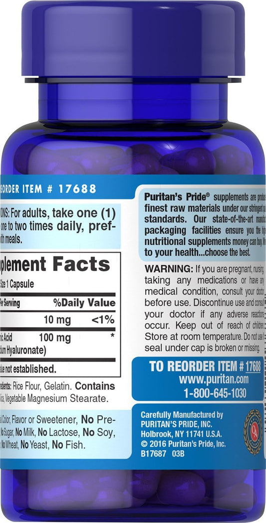 Puritans Pride Hyaluronic Acid 100 Mg Capsules, 60 Count