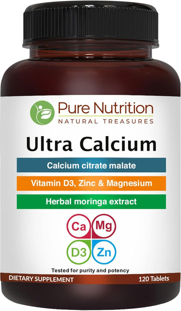 Pure Nutrition Ultra Calcium Citrate Malate | 1000Mg Highly Absorbable Calcium Supplement With Calcium Citrate Malate, Vitamin D3, Magnesium And Zinc | Non-Gmo | Gluten-Free | 120 Veg Tabs