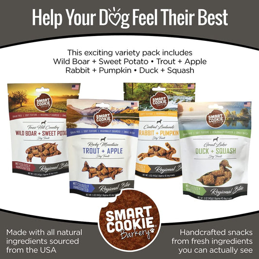 Smart Cookie All Natural Dog Treats - 4 Flavor Variety Pack (5Oz Each) - Healthy Dog Treats For Dogs & Puppies With Allergies, Sensitive Stomachs - Soft Dog Treats, Chewy, Grain Free, Made In Usa